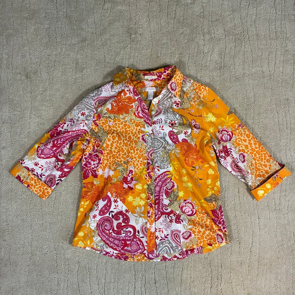 Chicos Women 1 Boho 100% Cotton Button Up Orange Paisley Print 70s Chic Artsy
